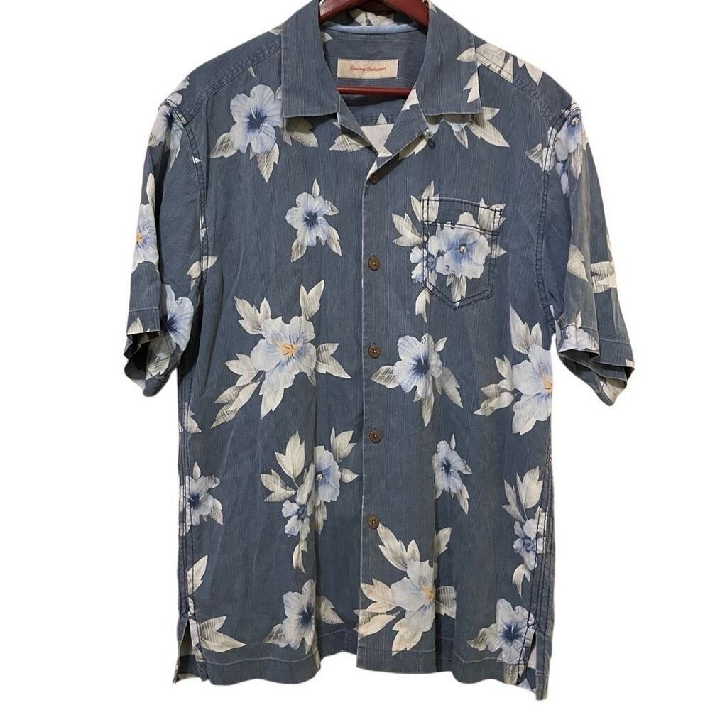 Tommy Bahama Mens Silk Camp Shirt M Blue Hawaiian Floral Button Up Yacht Vacay